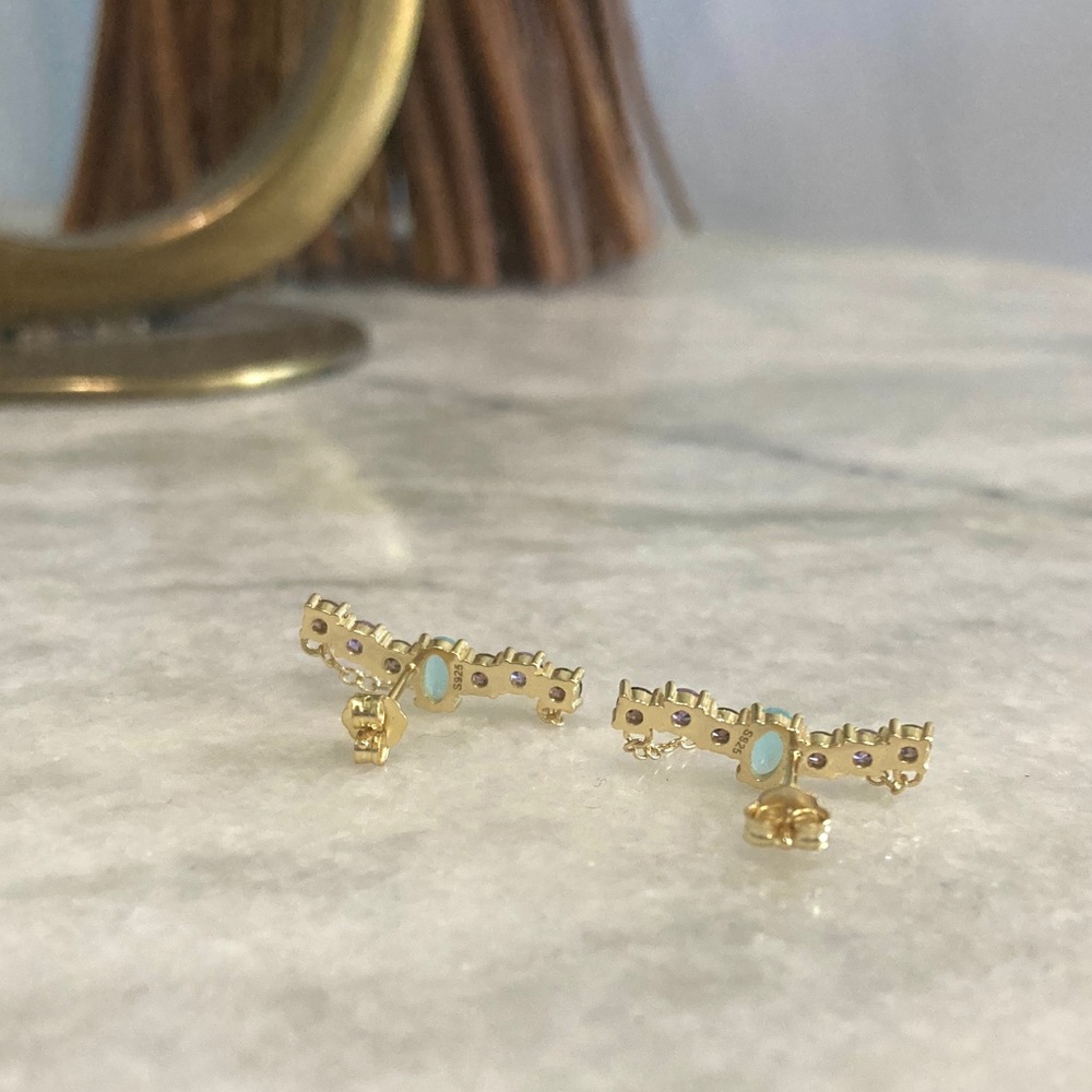 Sterling Silver Gold Toned Colorful Zircon Chain Earrings - Picture 6 of 6